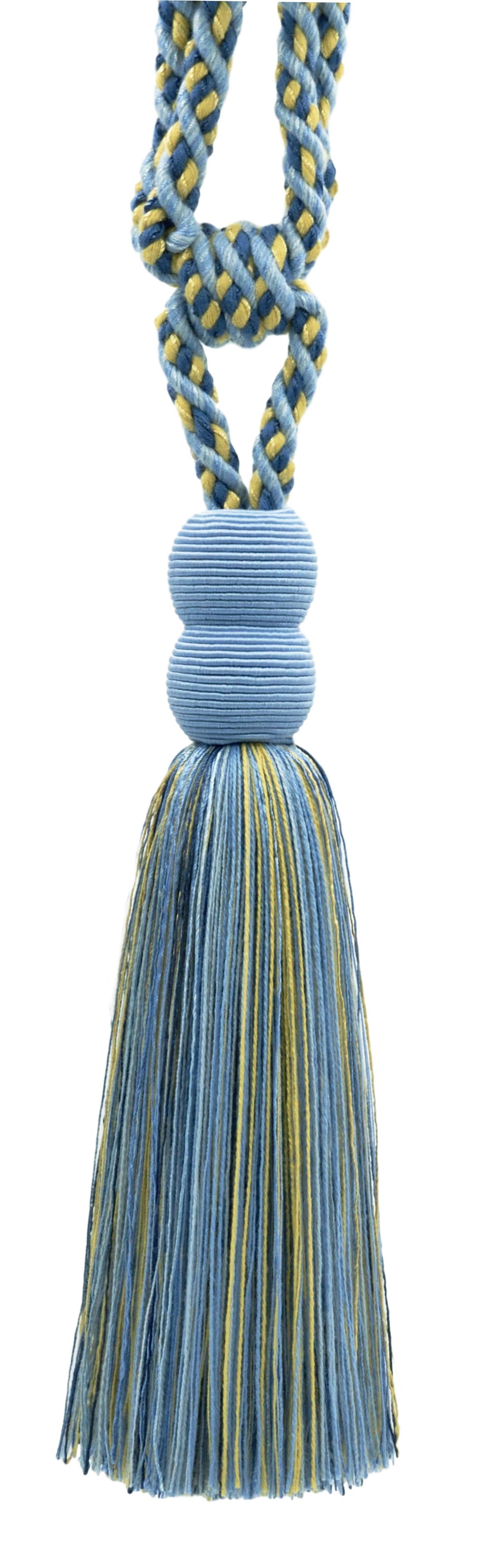 DÉCOPRO Contemporary, Modern Curtain & Drapery Tassel Tieback - Double Ball Design, Tassel Length 9 1/2" (24cm), Spread 30" (76cm) # TBV9 Cinderella Blue #VNT13 (Light Blue, Sky Blue, Golden Yellow) | Set of 2 - DecoPro