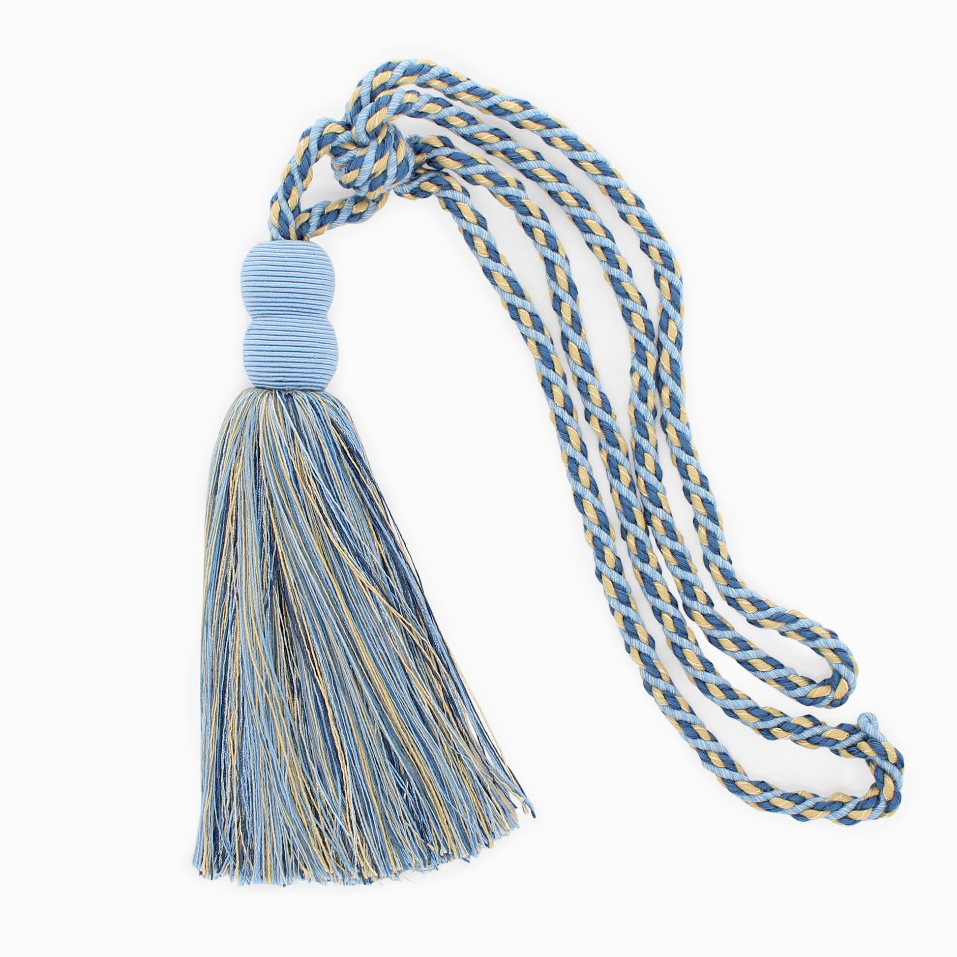 DÉCOPRO Contemporary, Modern Curtain & Drapery Tassel Tieback - Double Ball Design, Tassel Length 9 1/2" (24cm), Spread 30" (76cm) # TBV9 Cinderella Blue #VNT13 (Light Blue, Sky Blue, Golden Yellow) | Set of 2 - DecoPro