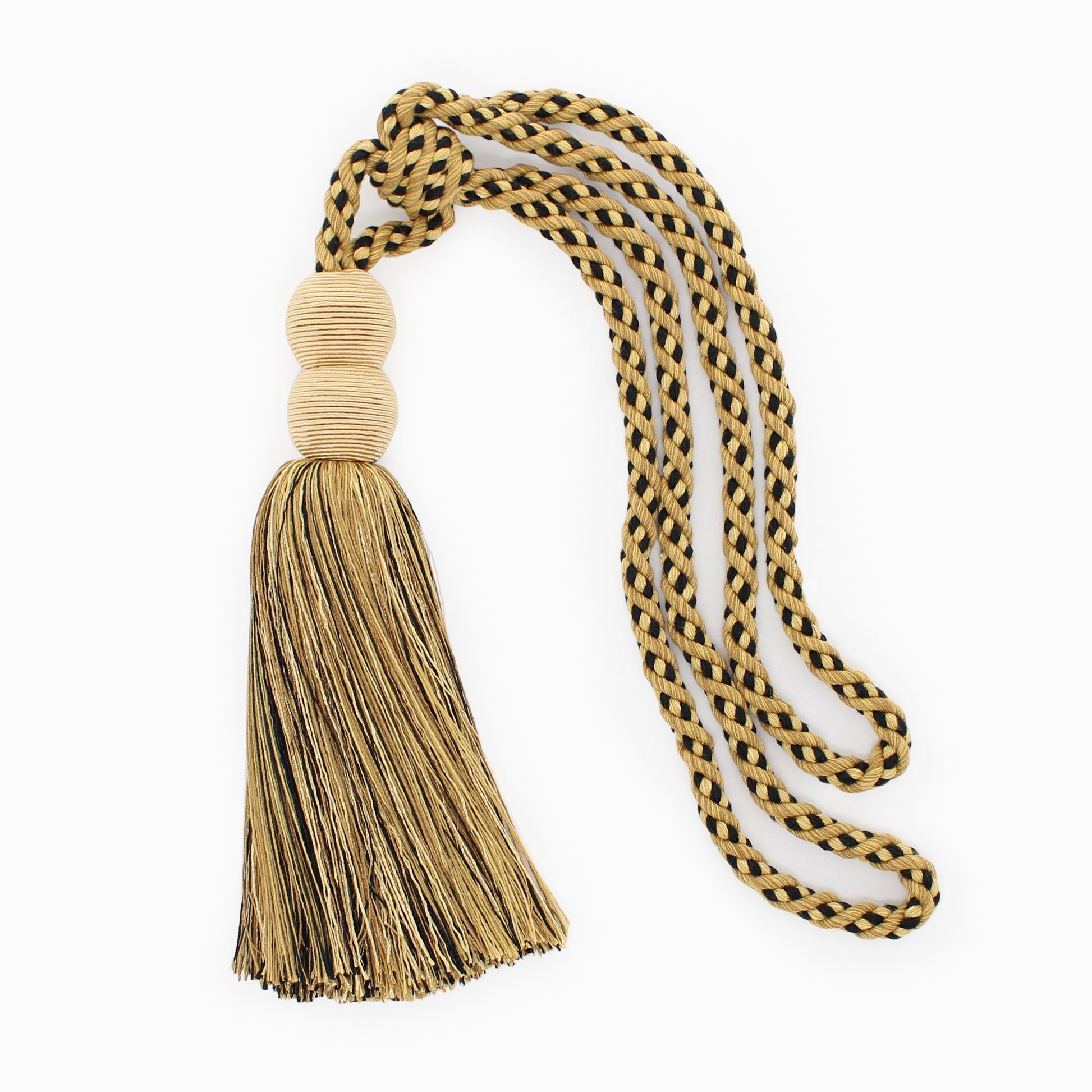 DÉCOPRO Contemporary, Modern Curtain & Drapery Tassel Tieback - Double Ball Design, Tassel Length 9 1/2" (24cm), Spread 30" (76cm) # TBV9 Emperor Gold #VNT25 (Beige Gold, Light Beige, Pure Black) | Sold Individually - DecoPro