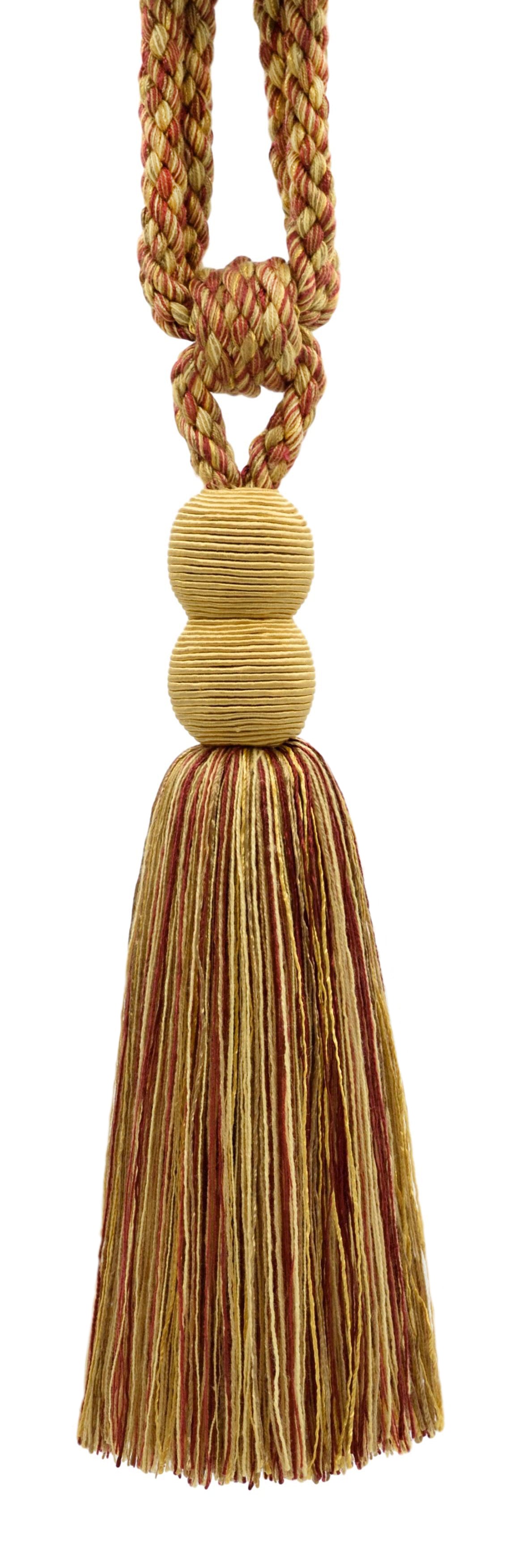 DÉCOPRO Contemporary, Modern Curtain & Drapery Tassel Tieback - Double Ball Design, Tassel Length 9 1/2" (24cm), Spread 30" (76cm) # TBV9 Bisque Beige #VNT31 (Light Beige, Rust Red, Light Gold) | Set of 2 - DecoPro