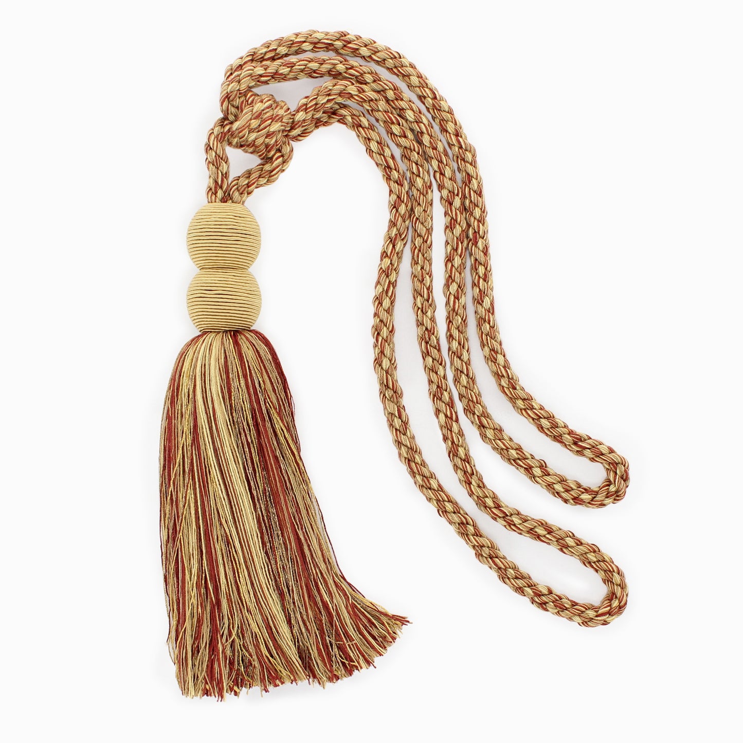 DÉCOPRO Contemporary, Modern Curtain & Drapery Tassel Tieback - Double Ball Design, Tassel Length 9 1/2" (24cm), Spread 30" (76cm) # TBV9 Bisque Beige #VNT31 (Light Beige, Rust Red, Light Gold) | Sold Individually - DecoPro