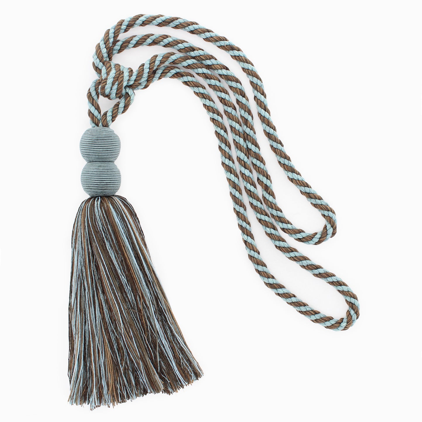 DÉCOPRO Contemporary, Modern Curtain & Drapery Tassel Tieback - Double Ball Design, Tassel Length 9 1/2" (24cm), Spread 30" (76cm) # TBV9 Blue Ridge Brown #VNT34 (Mocha Brown, Green Blue, Teal Blue) | Sold Individually - DecoPro