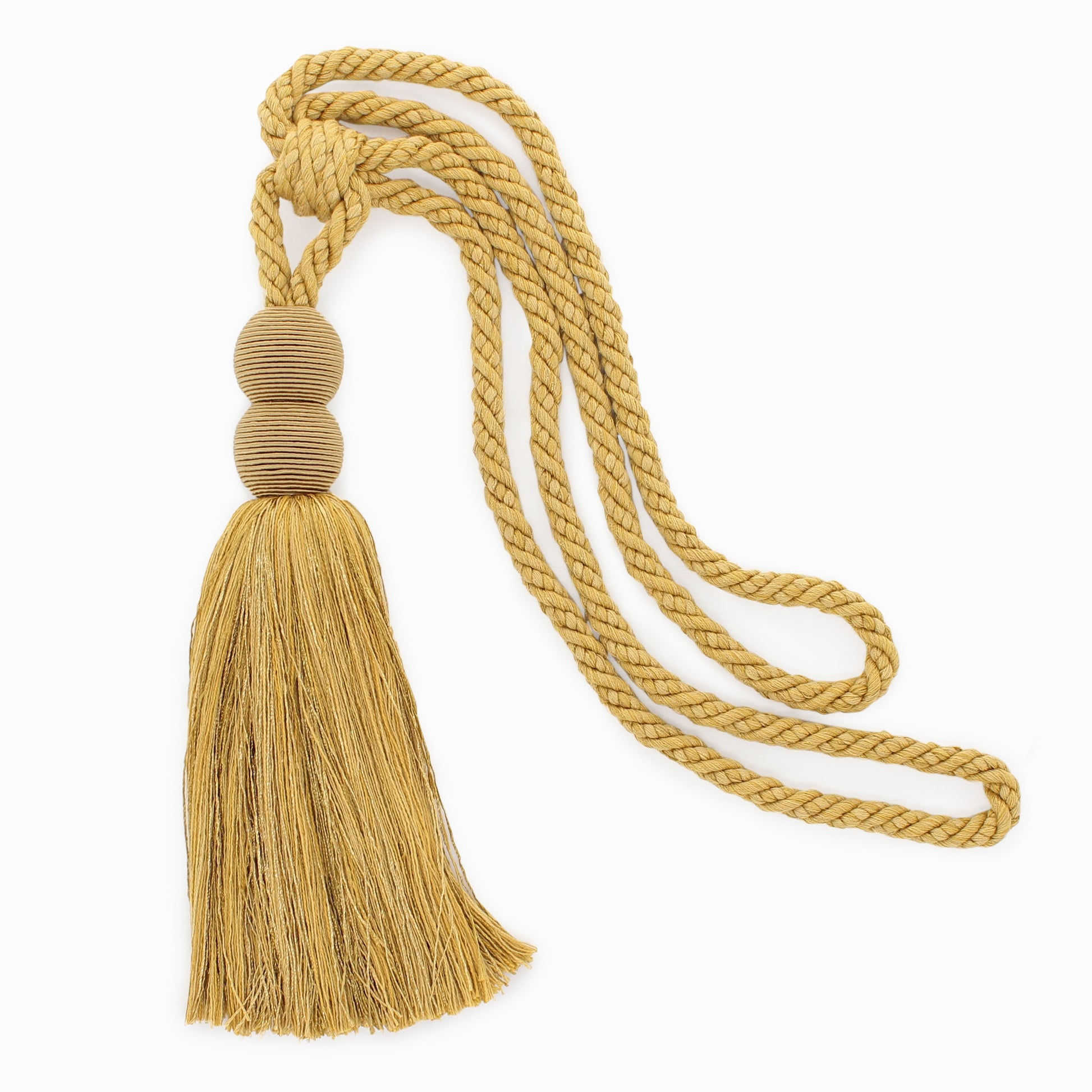 DÉCOPRO Contemporary, Modern Curtain & Drapery Tassel Tieback - Double Ball Design, Tassel Length 9 1/2" (24cm), Spread 30" (76cm) # TBV9 Mustard Gold #VNT4 (Dark Beige Gold) | Set of 10 - DecoPro