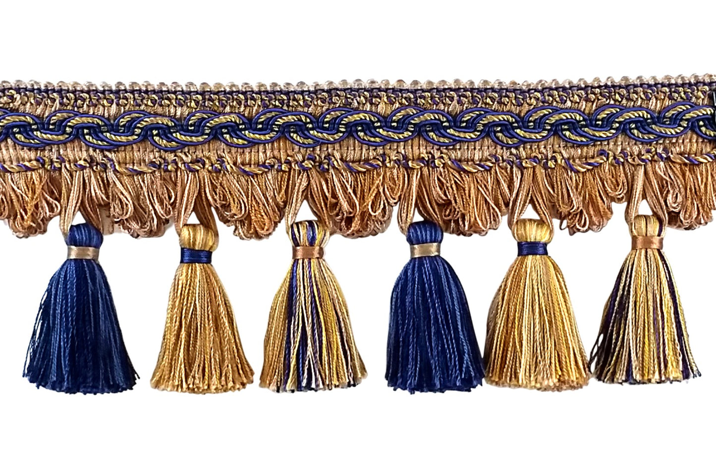 DÉCOPRO 4" (10cm) Imperial Collection Beautiful Scroll Header and Scalloped Tassel Fringe Trim # TFB1, Navy Beige Blue #5817 (Navy Blue, Royal Blue, Golden Beige) | Sold By The Yard (36"/3 ft/0.9m) - DecoPro