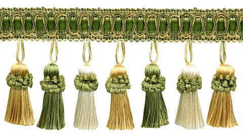 Elegant 3 Inch Long Vintage Olive Green, Light Gold, White Tassel Fringe / Style# TFH3CT, Color: Olive Garden - 010 (Sold by The Yard)