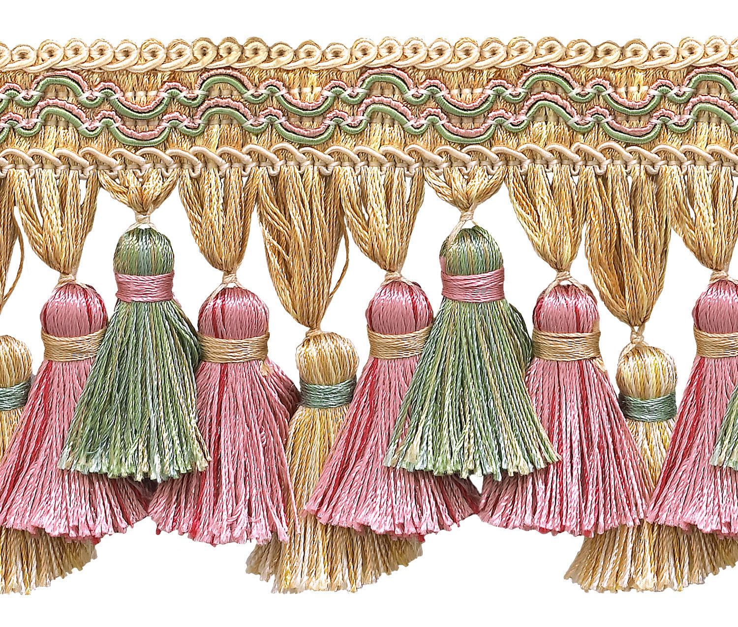 Dusty Rose, Pastel Green, Light Gold 3 3/4 inch Imperial II Tassel Fringe Style# TFI2 Color: ROSE GARDEN - 3549 (Sold by The Yard) - DecoPro