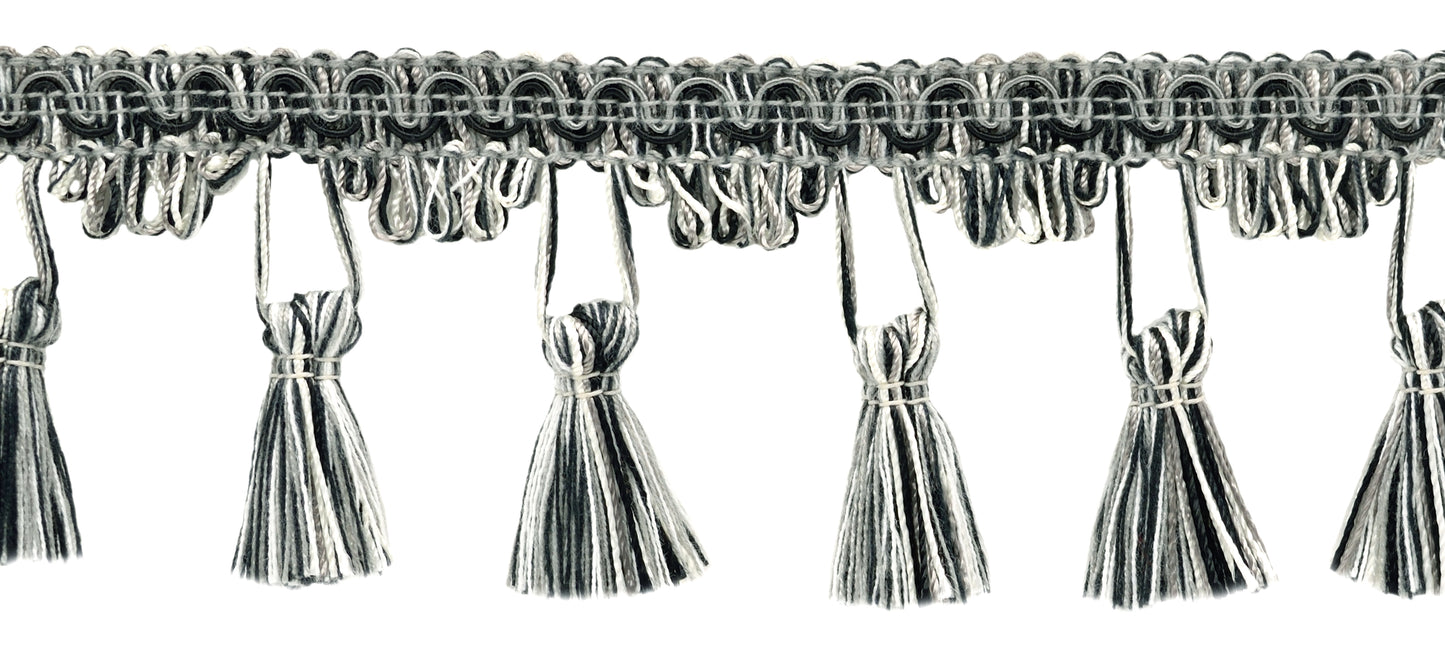 24 Yard Package - 2.5 Inch Black, Medium Grey, Vanilla Tassel Fringe Trim / Basic Trim Collection / Style# TFC025 / Color: Tuxedo - PR23 (72 Ft / 21.9 Meters) - DecoPro