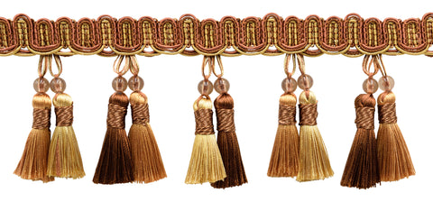 Elegant 4 inch Long Brown, Light Gold Beaded Tassel Fringe / Style# BTFH4 Color: English Toffee 08 / Sold by The Yard