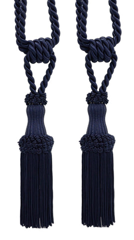 Pair Of Premium Navy Blue Decorative Chainette Tiebacks, 5 inch Tassel Length, 30 inch Spread (embrace), Color: Dark Navy Blue - J3