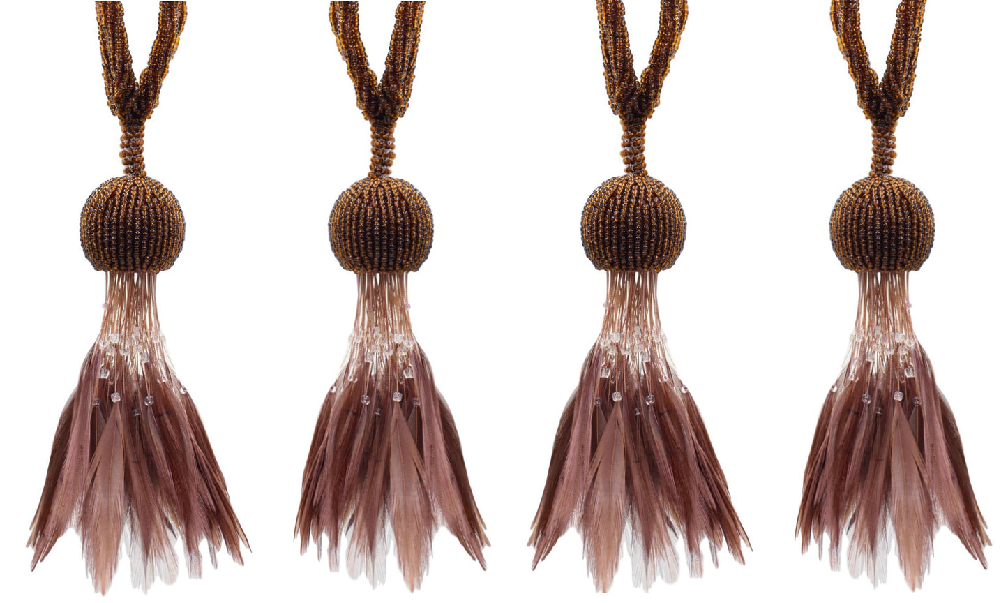 Set of 4 / Brown Beaded Feathered Tassel Tieback / 5 inch long Tassel, 23 inch Spread (embrace) / Style# TBBDFEATHER5 (9457) Color: Toasted Chestnut - 101884 - DecoPro