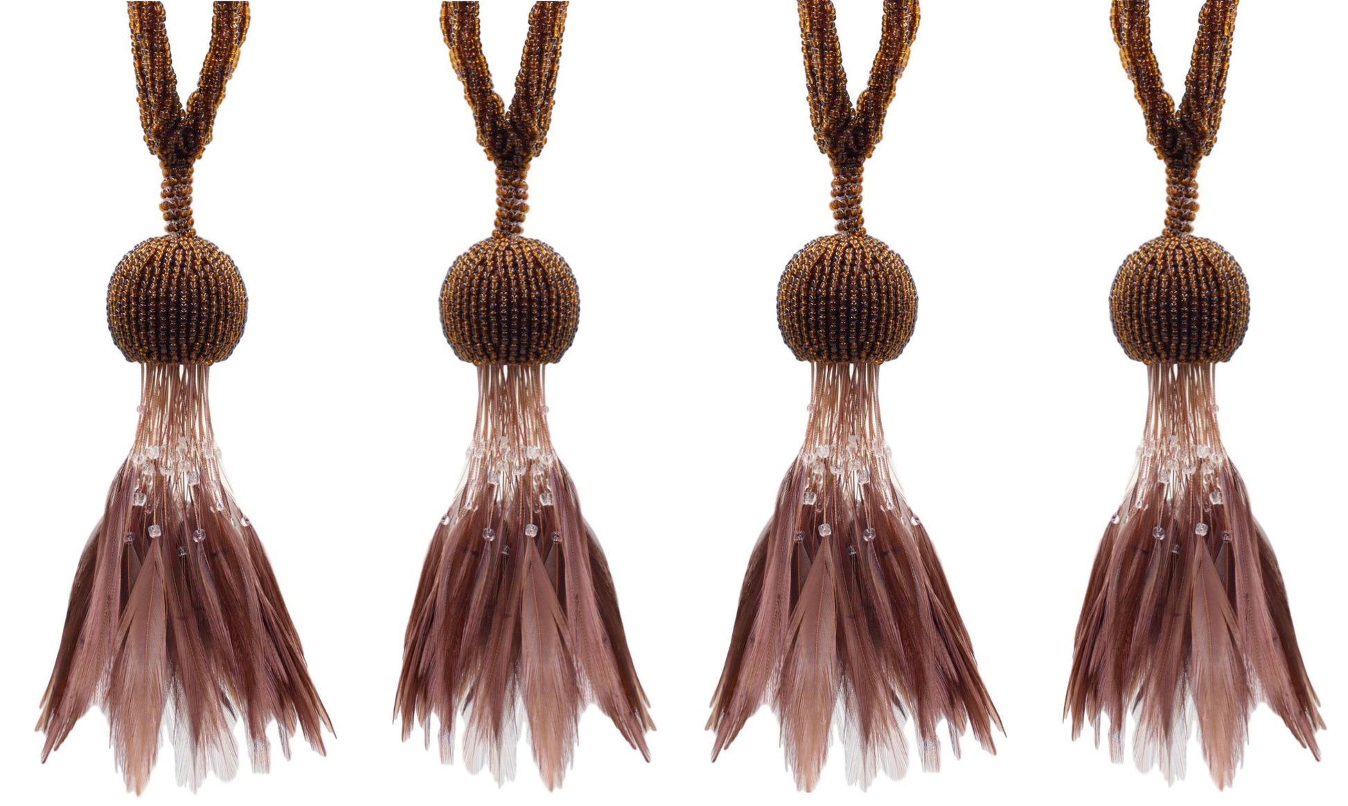 Set of 4 / Brown Beaded Feathered Tassel Tieback / 5 inch long Tassel, 23 inch Spread (embrace) / Style# TBBDFEATHER5 (9457) Color: Toasted Chestnut - 101884 - DecoPro