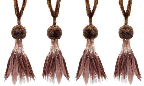 Set of 4 / Brown Beaded Feathered Tassel Tieback / 5 inch long Tassel, 23 inch Spread (embrace) / Style# TBBDFEATHER5 (9457) Color: Toasted Chestnut - 101884