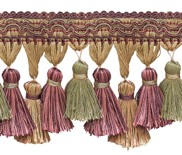 Dusty Rose, Olive Green, Eggplant 3 3/4 inch Imperial II Tassel Fringe Style# TFI2 Color: Olive Rose - 1010 (Sold by The Yard)