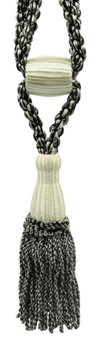 Set of 2 Black, Medium Grey, Vanilla Decorative Tassel Tiebacks / 5 1/2 inch Tassel Length / 24 inch Spread (embrace) / STYLE#: TBC055-SPR24 (8362) / COLOR: Tuxedo - PR23