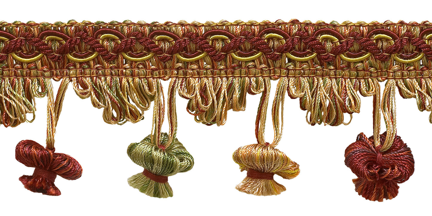 Wine, Gold, Green 2 inch Imperial II Onion Tassel Fringe Style# NT2503 Color: CHERRY GROVE - 4770 (Sold by The Yard) - DecoPro