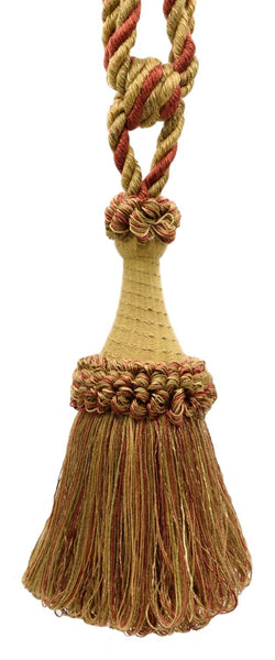 Set of 4 / Oak Brown, Dark Rust, Camel Beige, Artichoke Green Large Multi-Color Tassel Tieback with Looped Accents / 8 inches long Tassel, 30 inches Spread / Style# TBDK8 (11808) Color: Ignite - N37
