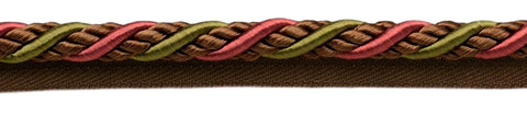 12 Yard Package / Large 3/8 inch Green, Brown, Red Basic Trim Cord With Sewing Lip / Style# 0038AXL / Color: Cocoa Coral - LX08 (36 Feet / 11 Meters)