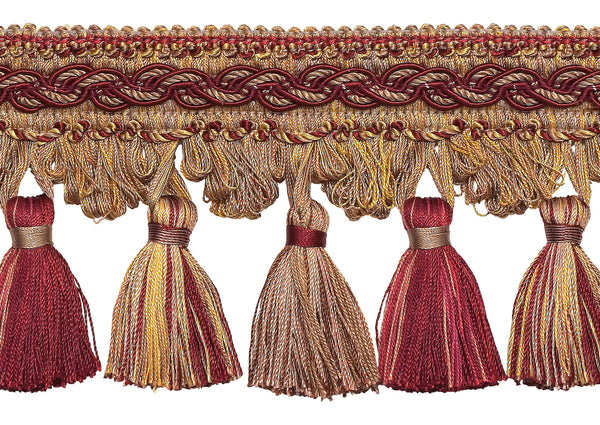 Burgundy Taupe 4 inch Baroque Tassel Fringe Style# TFB1 Color: CRANBERRY HARVEST - 8612 (Sold by The Yard)