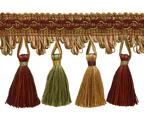 Wine, Gold, Green 2 3/4 inch Imperial II Tassel Fringe Style# NT2502 Color: CHERRY GROVE - 4770 (Sold by The Yard)