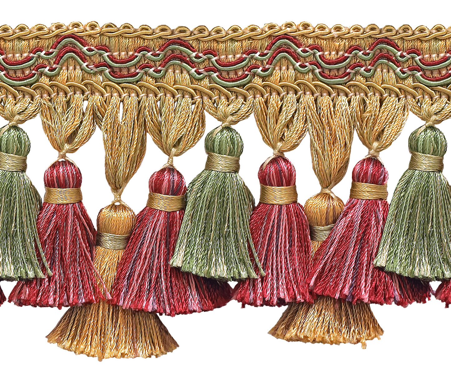 Gold, Wine , Green 3 3/4 inch Imperial II Tassel Fringe Style# TFI2 Color: HOLIDAY SPLENDOR - 3752 (Sold by The Yard) - DecoPro