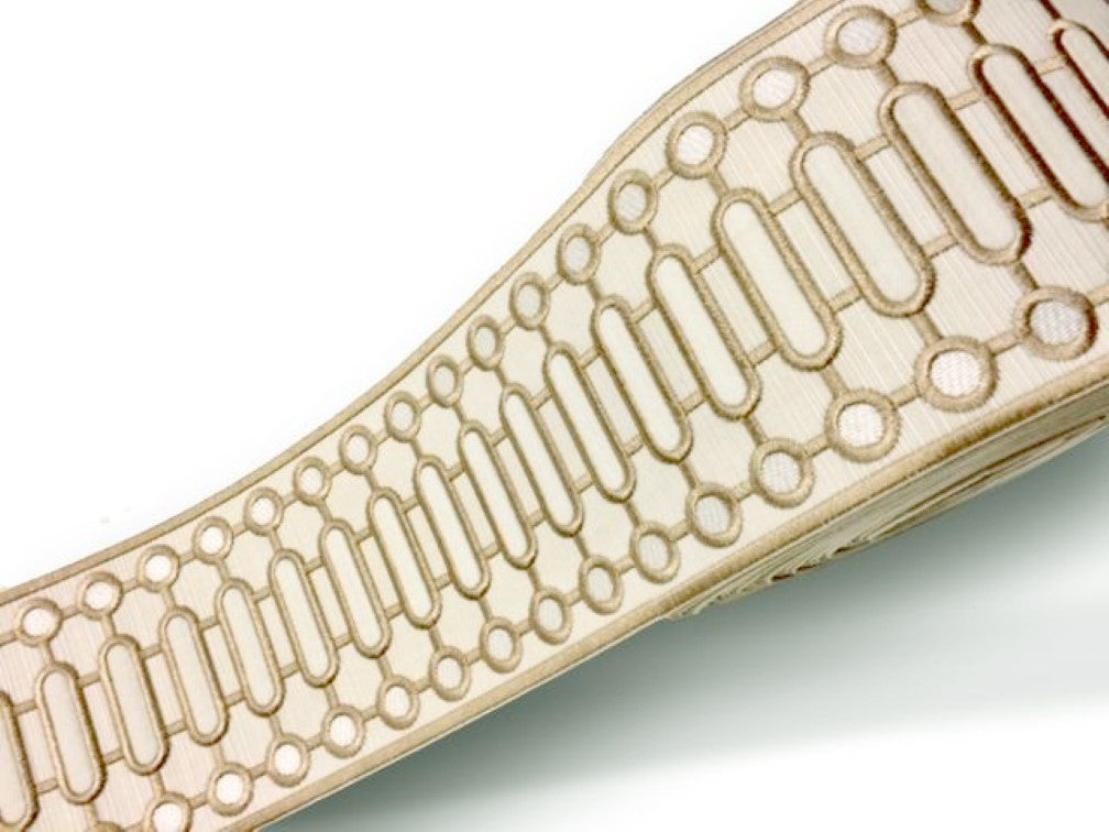 4" (10cm) Beautifully Embroidered Woven Tape Trim with unique geometric design | Woven Border (Style# WT0400R1151C-PY), #T02D Multicolor / Cream, Tan - Sold By The Yard - DecoPro