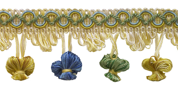 Green, Gold, Blue 2 inch Imperial II Onion Tassel Fringe Style# NT2503 Color: MOUNTAIN SPRING - 4668 (Sold by The Yard)