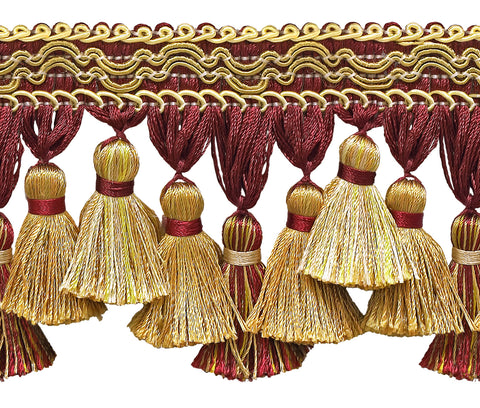 Burgundy Red, Gold 3 3/4 inch Imperial II Tassel Fringe Style# TFI2 Color: BURGUNDY GOLD - 1253 (Sold by The Yard)