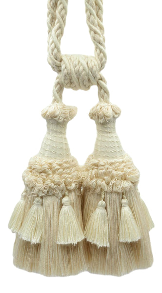 Set of 4 / Vanilla, Natural, Light Ivory Ornate Double Tassel Tieback / 6 inch Tassel, 30 inch Spread (embrace) / Style# TBEMP6-2 Color: Pearl - W13