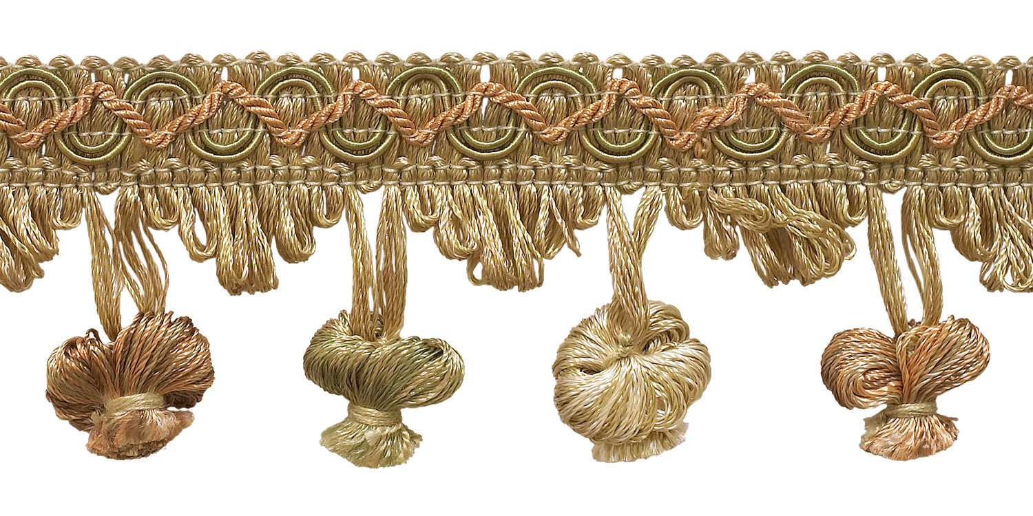 Light Peach, Olive Green, Ivory 2 inch Imperial II Onion Tassel Fringe Style# NT2503 Color: PRAIRIE PEACH - 3853 (Sold by The Yard) - DecoPro