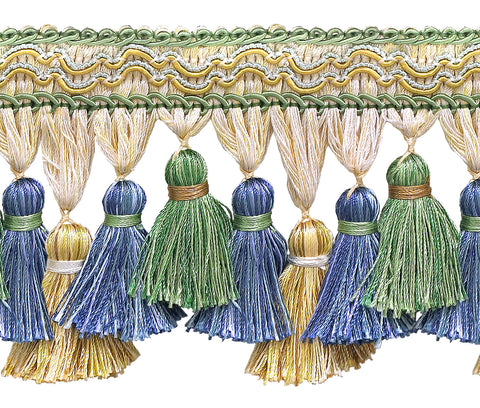 Green, Gold, Blue 3 3/4 inch Imperial II Tassel Fringe Style# TFI2 Color: MOUNTAIN SPRING - 4668 (Sold by The Yard)