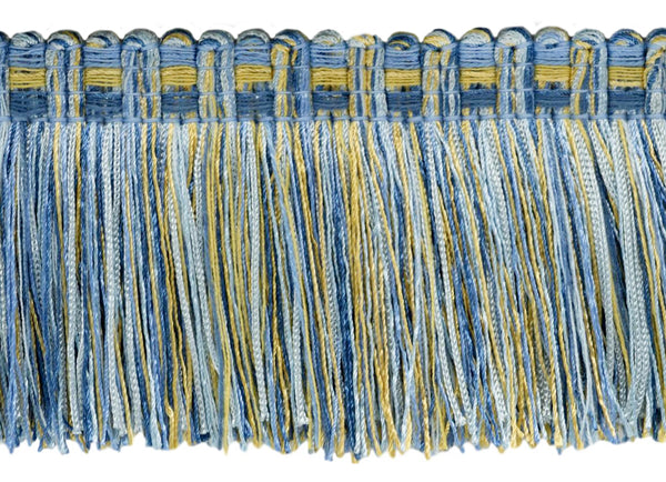Veranda Collection 3 inch Brush Fringe Trim / Champaigne Gold, Cadet Blue, French Blue / Style#: 0300VB / Color: Light Blue, Gold - VNT13 / Sold by the Yard