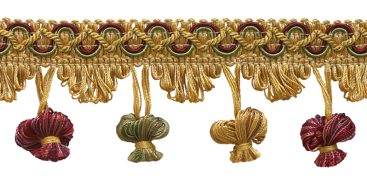 Gold, Wine , Green 2 inch Imperial II Onion Tassel Fringe Style# NT2503 Color: HOLIDAY SPLENDOR - 3752 (Sold by The Yard) - DecoPro