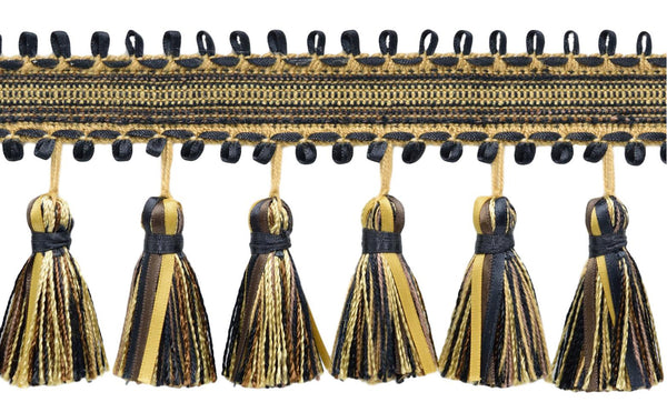 3 3/4 inch Ribbon Tassel Fringe / Style# RTF0375, Color: Chocolate Brown, Gold, Black, Straw - 21768 (Sold by The Yard)