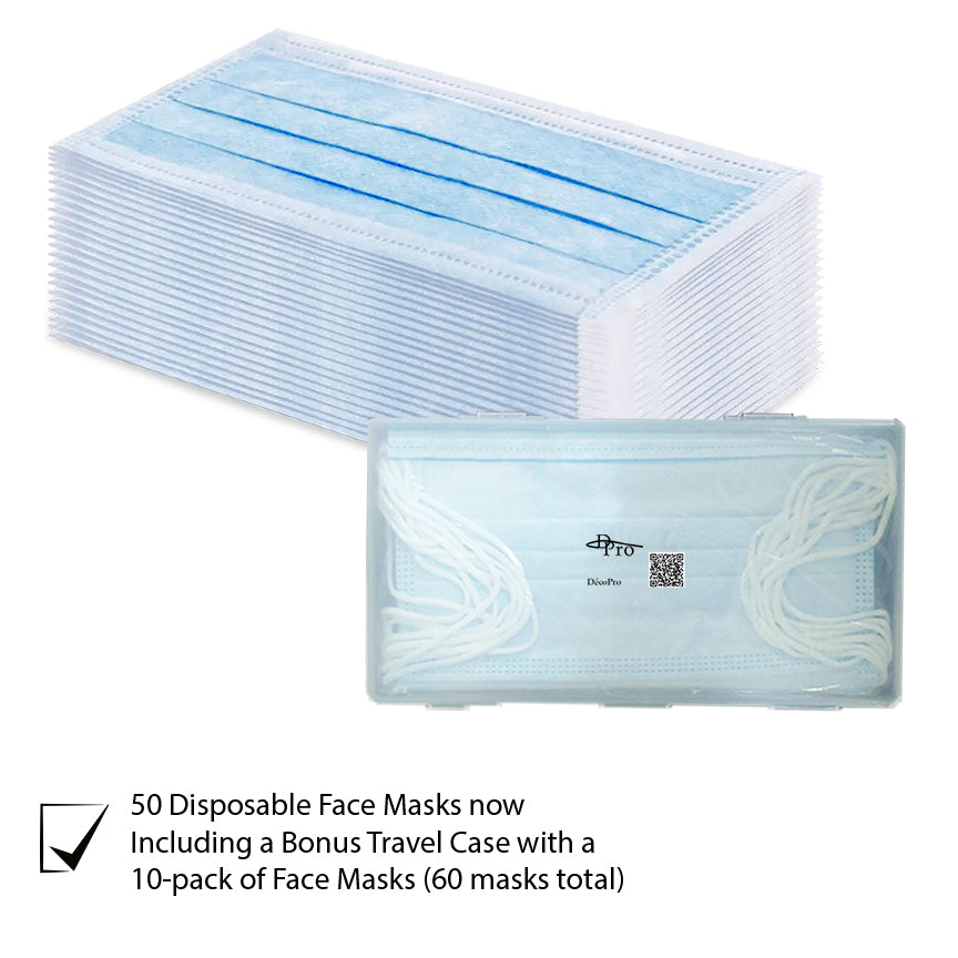 50 Disposable Face Masks, 3-Layer Filter Barrier / Includes a Bonus Travel Case and 10-pack of Face Masks (60 masks total) SM60 - DecoPro