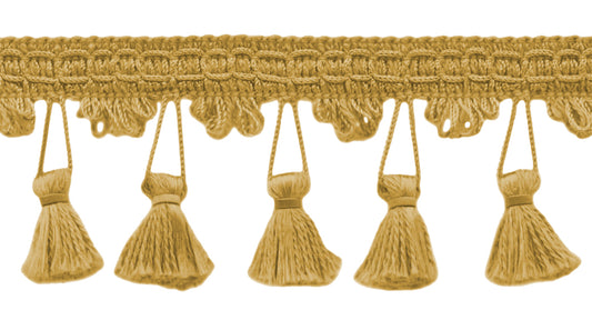 2.5 Inch Light Gold Tassel Fringe Trim / Style# TFC0225 / Color: Sun Ray - B7 / Sold By the Yard - DecoPro