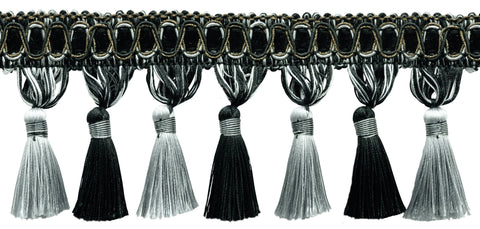 6 Yard Value Pack / Elegant 3 3/4 inch Long Tassel Fringe / Style# TFH4, Color: Black, Silver Grey - SGB (18 Ft / 5.5 Meters)