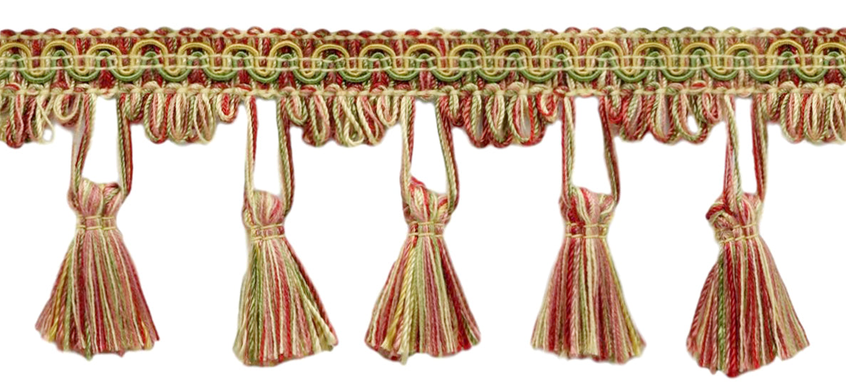 2.5 Inch Brick Dust, Alpine Green, Beachwood, Maize Tassel Fringe Trim / Style# TFC025 / Color: Carnival - PRA2B / Sold By the Yard - DecoPro