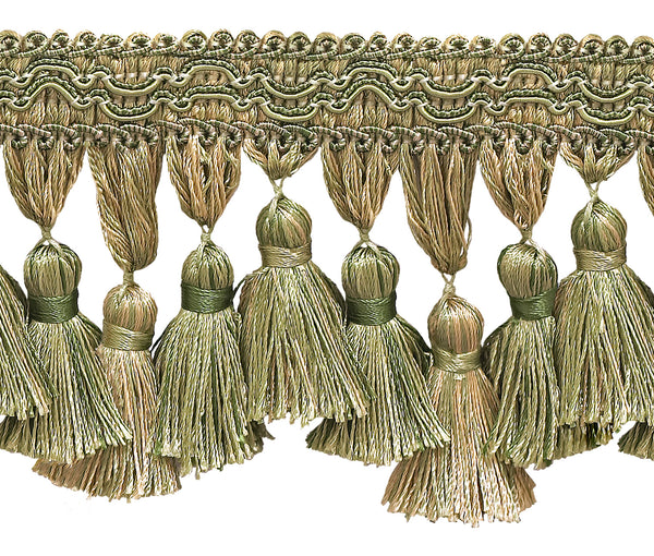 Olive Green, Champagne 3 3/4 inch Imperial II Tassel Fringe Style# TFI2 Color: SAGEGRASS - 4567 (Sold by The Yard)