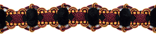 2 inch Wide Alexander Collection Red, Black, Gold Luxurious Gimp Braid with Rosettes / Style# 0200AXG Color: Scarab - LX10 / Sold by the Yard