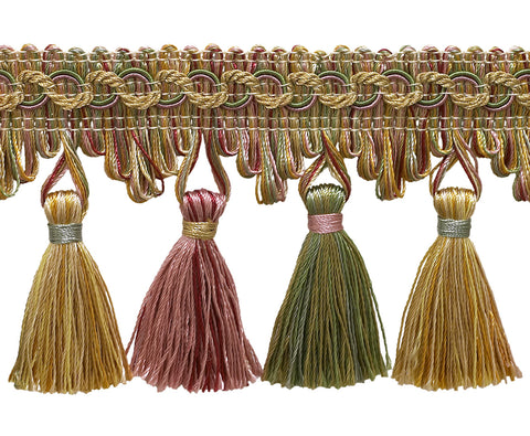 Dusty Rose, Pastel Green, Light Gold 2 3/4 inch Imperial II Tassel Fringe Style# NT2502 Color: ROSE GARDEN - 3549 (Sold by The Yard)