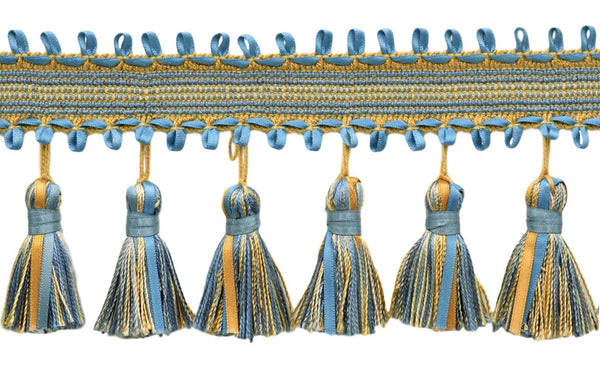 13.5 Yard Package / 3 3/4 inch Ribbon Tassel Fringe / Style# RTF0375, Color: French Blue, Cadet Blue, Gold, Champagne - 51527 / 40.5 Ft / 12.3 Meters