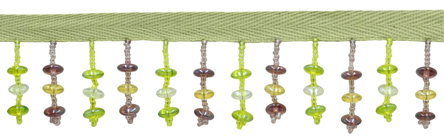 1 1/2" (3.5cm) Beautiful Handcrafted Beaded Fringe Trim with Disc Bead Design | Fringe Trim (Style# B40683-GL), #L48H04 Multicolor / Light Green - 12 Yards - DecoPro