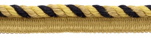 Large 3/8 inch Black, Gold, Camel Basic Trim Cord With Sewing Lip / Style# 0038DKL / Color: Havana - F18 / Sold by The Yard