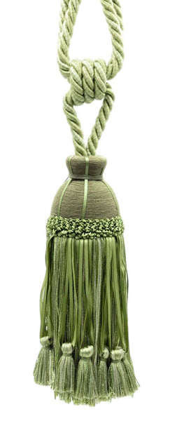 Alpine Green, Green Mist, Celadon Gorgeous, Large Ribbon Tassel Tieback / 9 1/2 inch long Tassel, 32 inch Spread (embrace) / Style# TBHR095 (9130) Color: Vignoble - 61601
