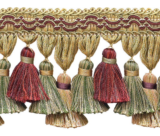 5 Yard Value Pack of Wine, Gold, Green 3 3/4 inch Imperial II Tassel Fringe Style# TFI2 Color: CHERRY GROVE - 4770 (5 Yards / 4.5 Meters) - DecoPro