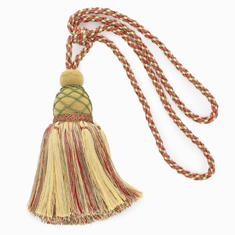 Large Elegant / Pastel Green, Yellow Maize, Light Brick Red / Curtain and Drapery Tassel Tieback / 9 1/2 inch (24cm) Tassel / 30 inch (76cm)Spread (Embrace) / Style#: TBV095L (21421) / Color: VNT8 - Daylily Bouquet