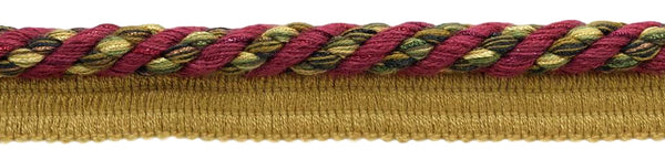 Elaborate 3/8 inch Burgundy Wine, Olive Green, Yellow Gold, Black Veranda Collection Trim Cord With Sewing Lip / Style# 0038V / Color: Evergreen Berries - VNT19 / Sold by The Yard
