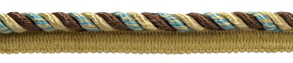 24 Yard Package / Multi colored 3/8 inch Light Peacock Blue Color, Camel Gold Cord With Sewing Lip / Style# 0038MLT / Color: PR24 (72 Feet / 21.9 Meters)