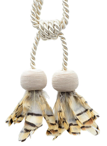 Set of 2 / Pheasant Feathered Tassel Tieback / 3 inch long Tassel, 24 inch Spread (embrace) / Style# TBFEATHER3 (25033) Color: Ivory / Ecru - A2