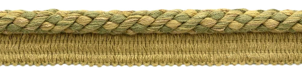 Elaborate 3/8 inch Artichoke Green, Medium Gold Veranda Collection Trim Cord With Sewing Lip / Style# 0038V / Color: Olive Grove - VNT15 / Sold by The Yard